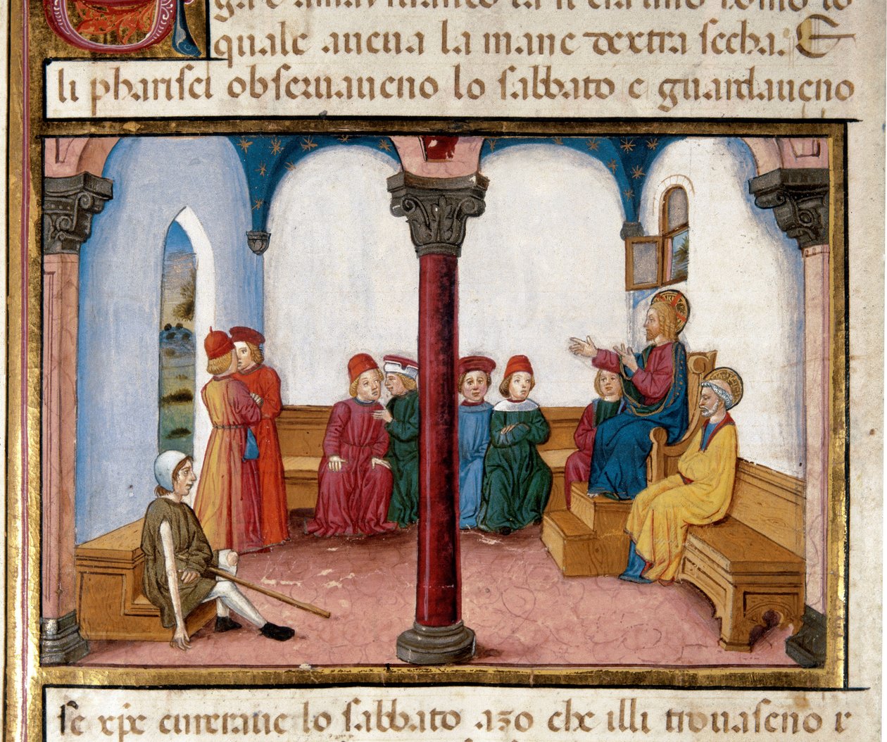 Jesus bekæmper manden med tørhåndsminiaturen af Cristoforo De Predis (1440-1486) efter Det Nye Testamentes historie (fol. 81) af Cristoforo De Predis