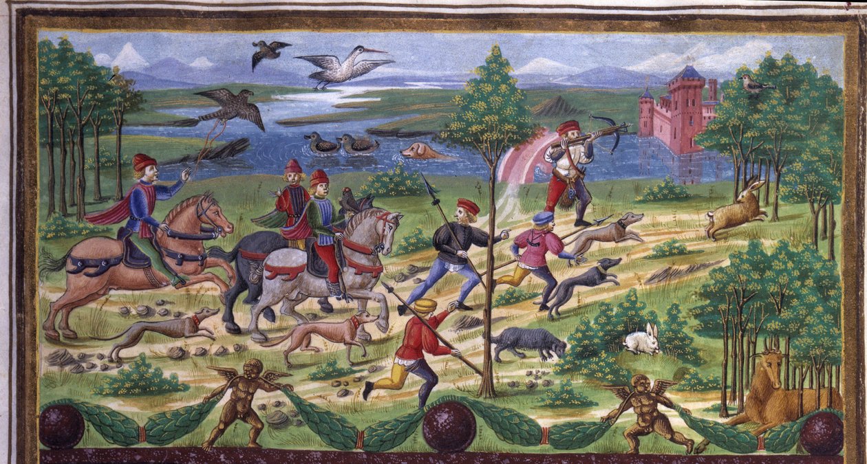 Jagtdetalje i "" Indflydelse af marts "": jagt og hof. Miniature lavet af Cristoforo de Predis (ca. 1440-c. 1486) - i “” De Sphaera ”” ”d