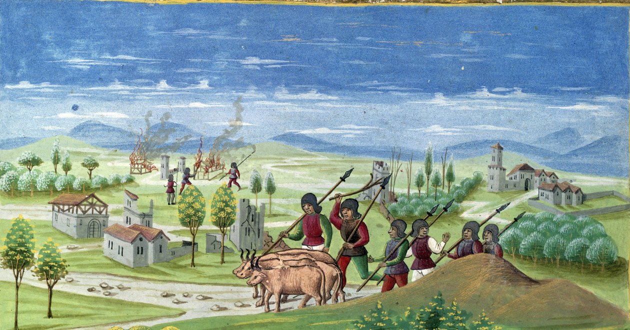 Plyndring under krigen. detalje af "" Sun Influence "": The War. Miniature lavet af Cristoforo de Predis (v. 1440-v. 1486) - i “” De Sphaera””” d