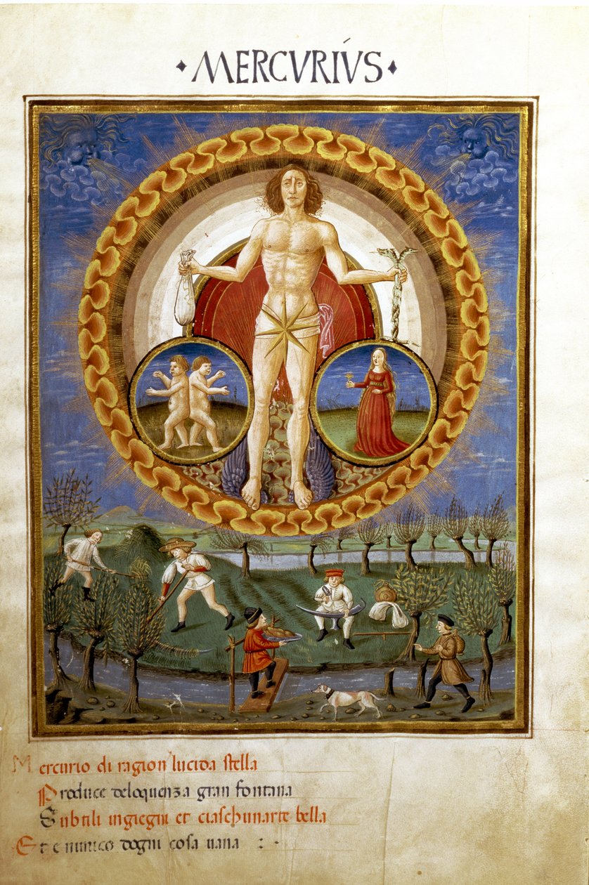 Merkur med tegn på Jomfruens og Gemels stjernetegn. Bønder, der arbejder på marken (miniature, ca. 1470) af Cristoforo De Predis