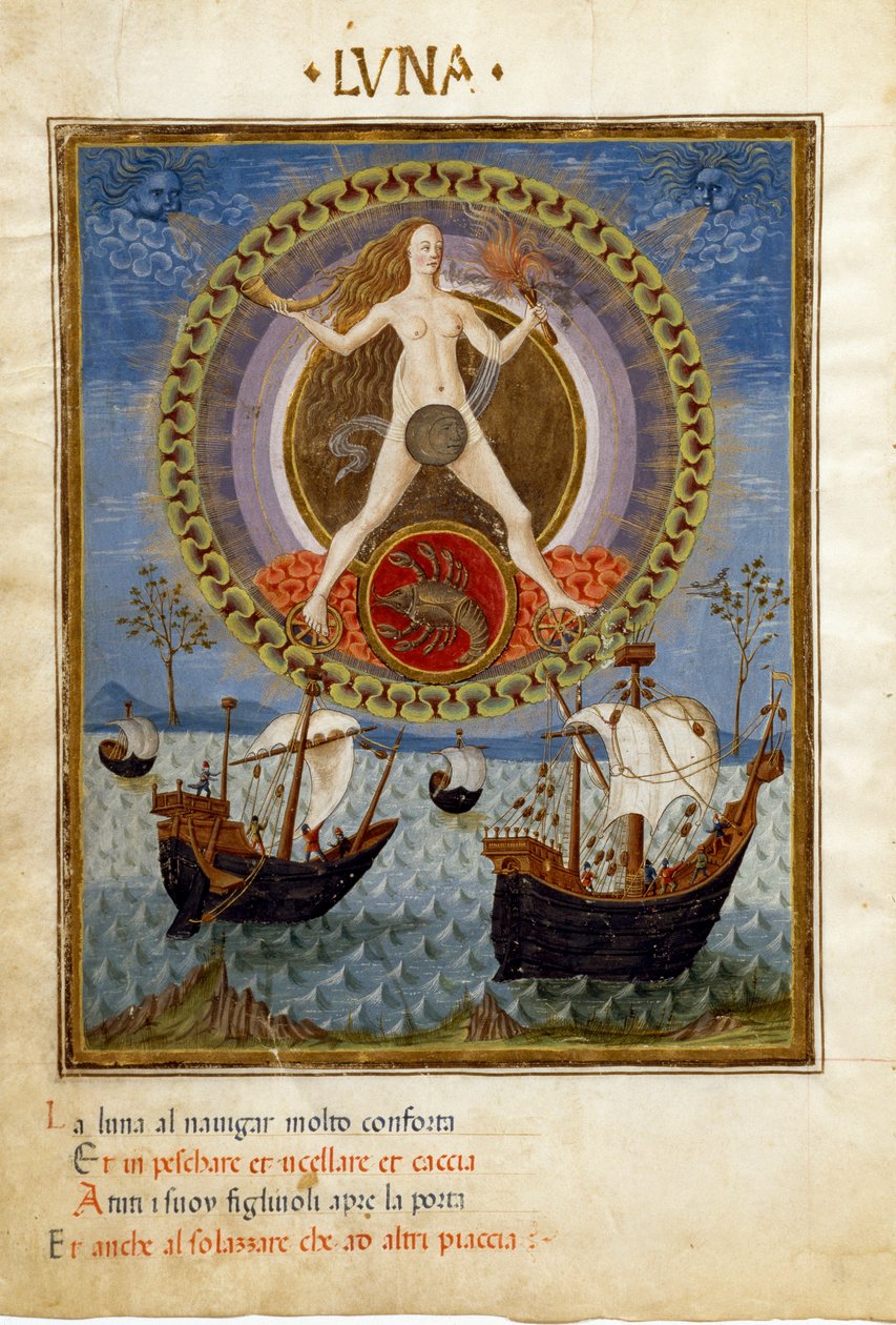 Månen med stjernetegnet på kræft. Både under den stigende hoppe (miniature, ca. 1470) af Cristoforo De Predis
