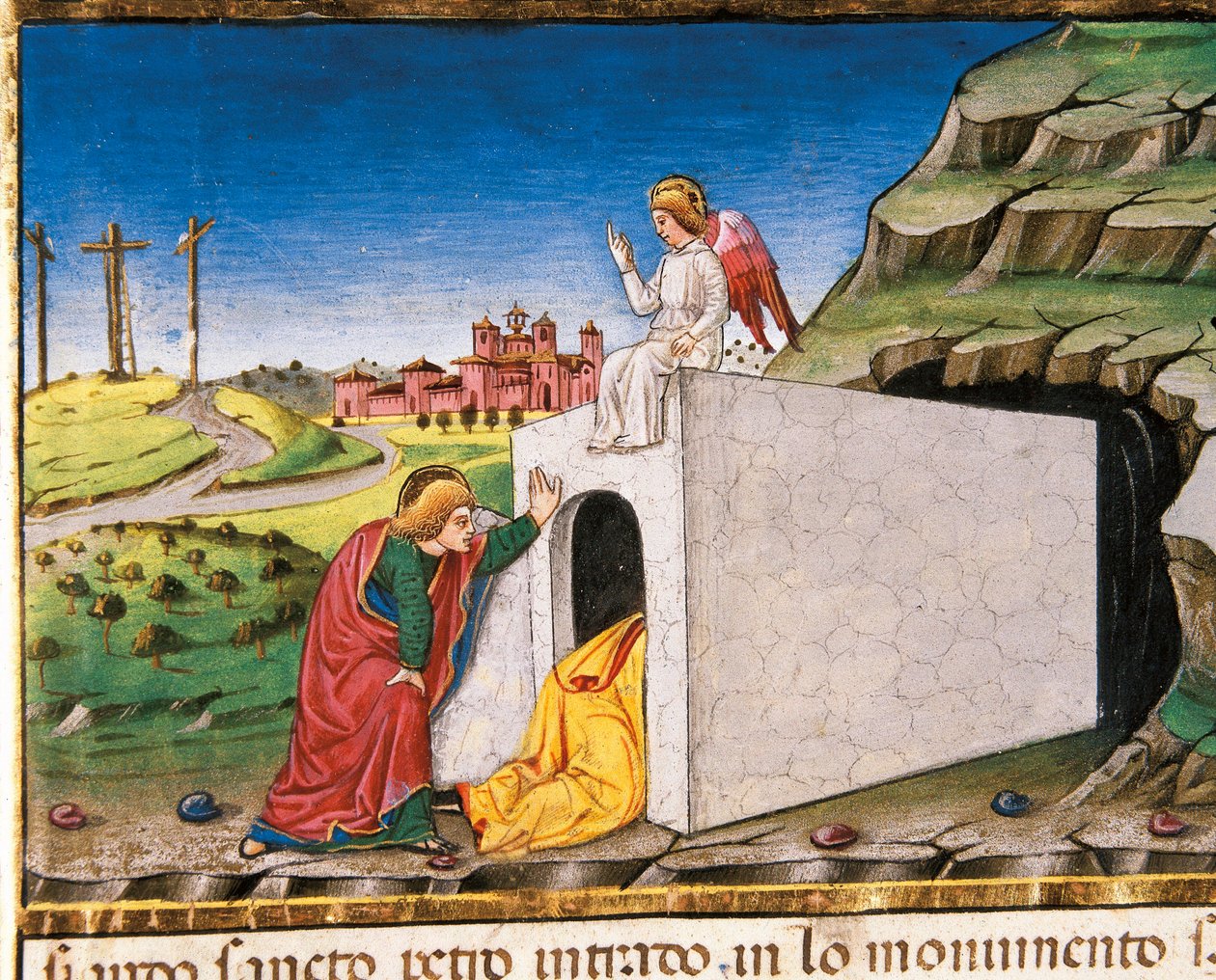 Apostlene Peter og Johannes opdager den tomme Kristi grav fra Leggendario Sforza-Savoia af Cristoforo De Predis