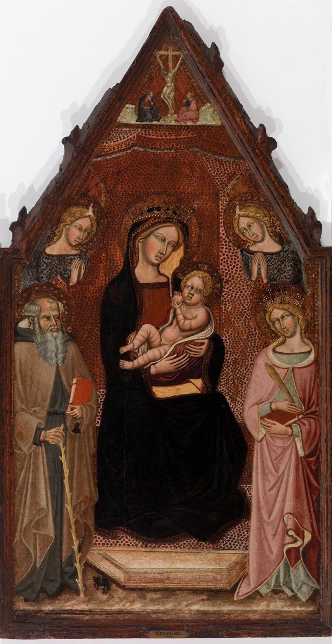 Jomfru og barn med to engle og hellige Anthony Abbed og Catherine af Alexandria og korsfæstelsen af Cristoforo di Bindoccio, Meo