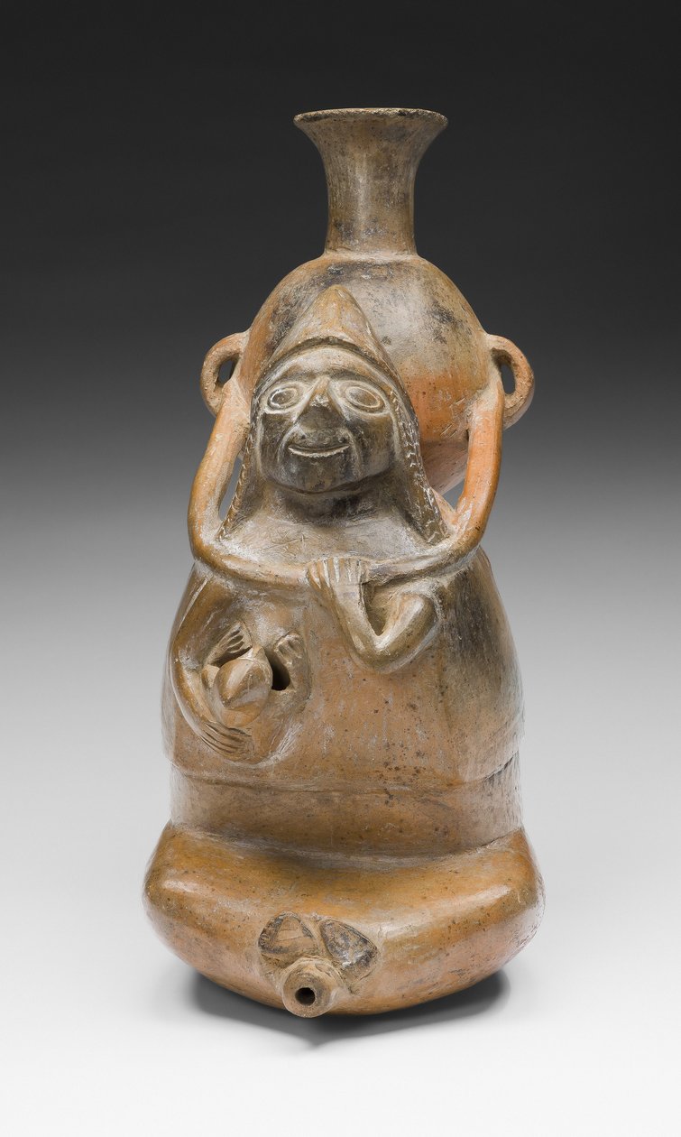 Rituelt kar, der repræsenterer en kvinde, der bærer et kar (Aryballos) og ammer et barn, A.D. 1200-1450 (keramik og pigment) af Culture Chimu