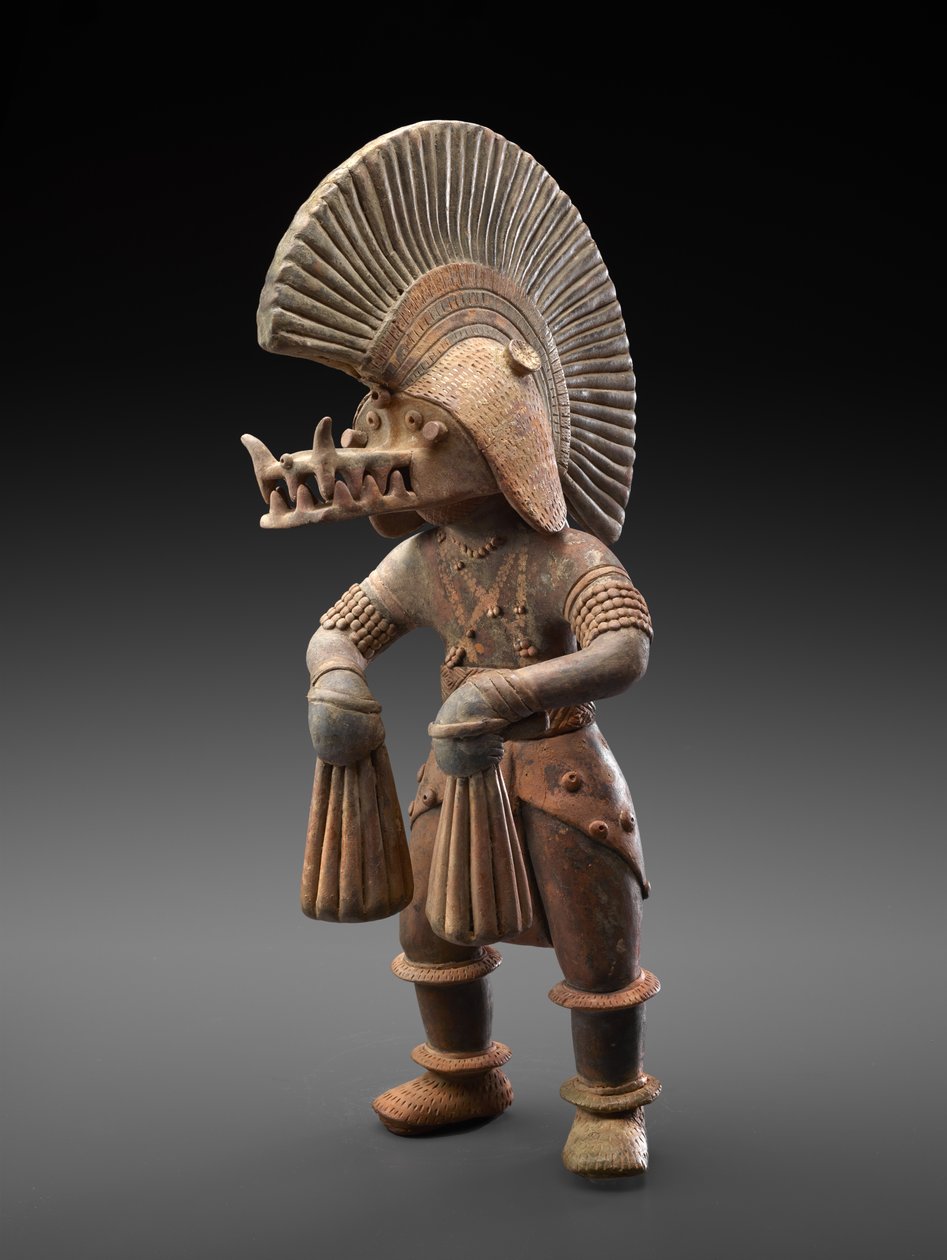 Danser med krokodillehjelm, 300 BC-300 AD (lertøj med spor af polykromt pigment) af Culture Colima