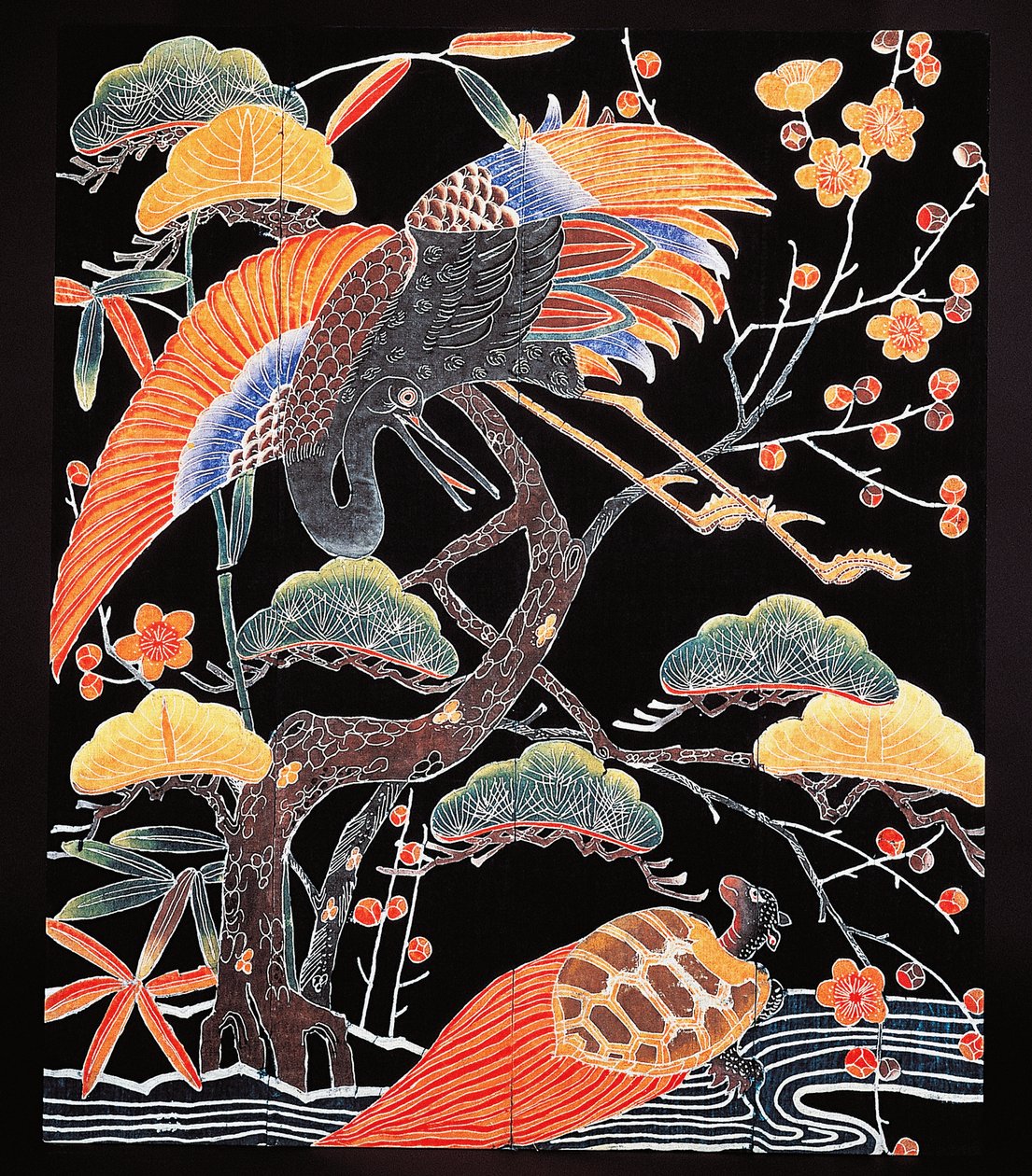 Traner og langhalede skildpadde (tsurugame) detaljer fra kimonostof med lovende motiver, japansk civilisation, Edo-periode af Culture Edo