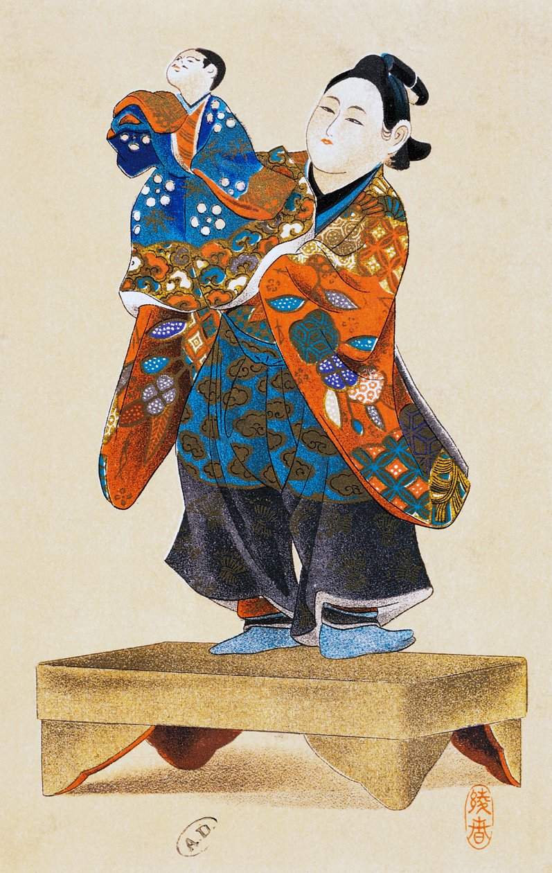 Dukkefører med dukke, dukketeater, ukiyo-e kunsttryk, gengivelse fra træsnit, japansk civilisation, Edo-perioden af Culture Edo