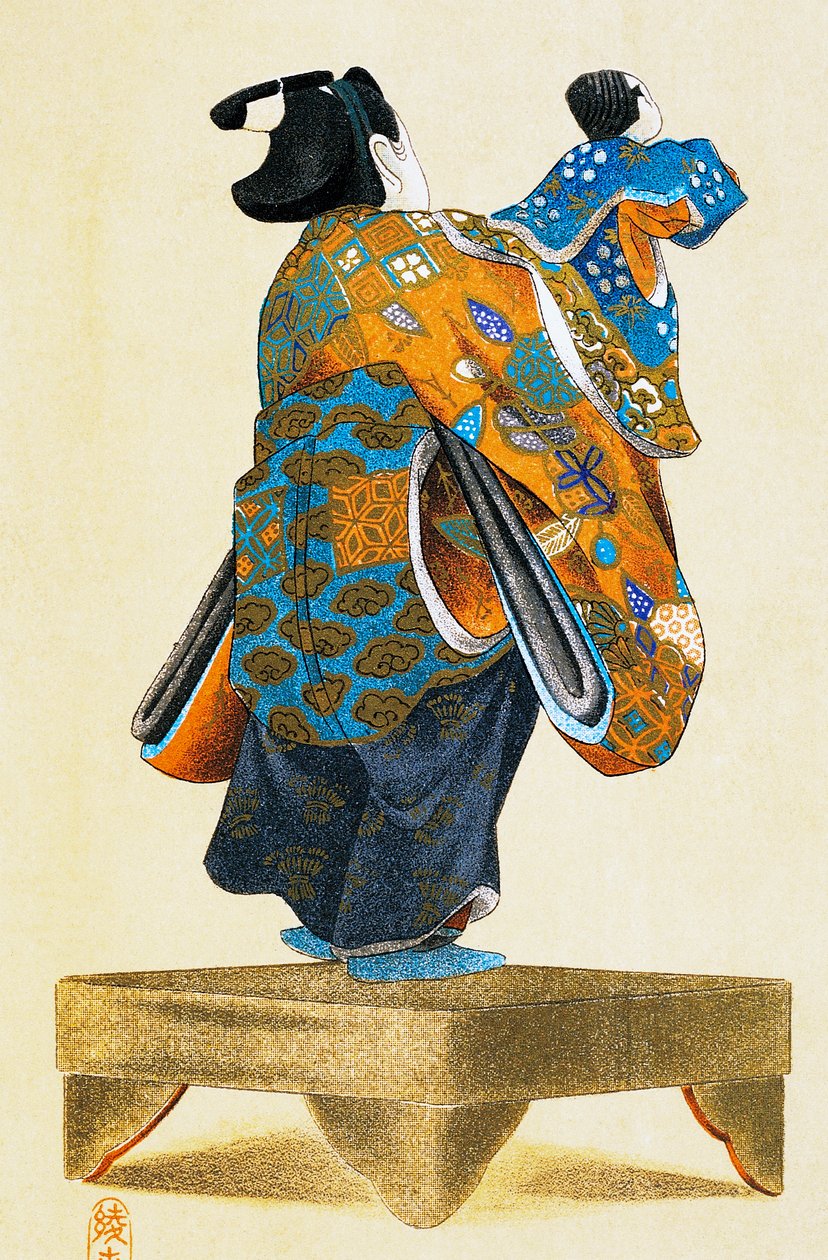 Dukkefører med dukke set bagfra, ukiyo-e kunsttryk, gengivelse fra træsnit, japansk civilisation, Edo-perioden af Culture Edo