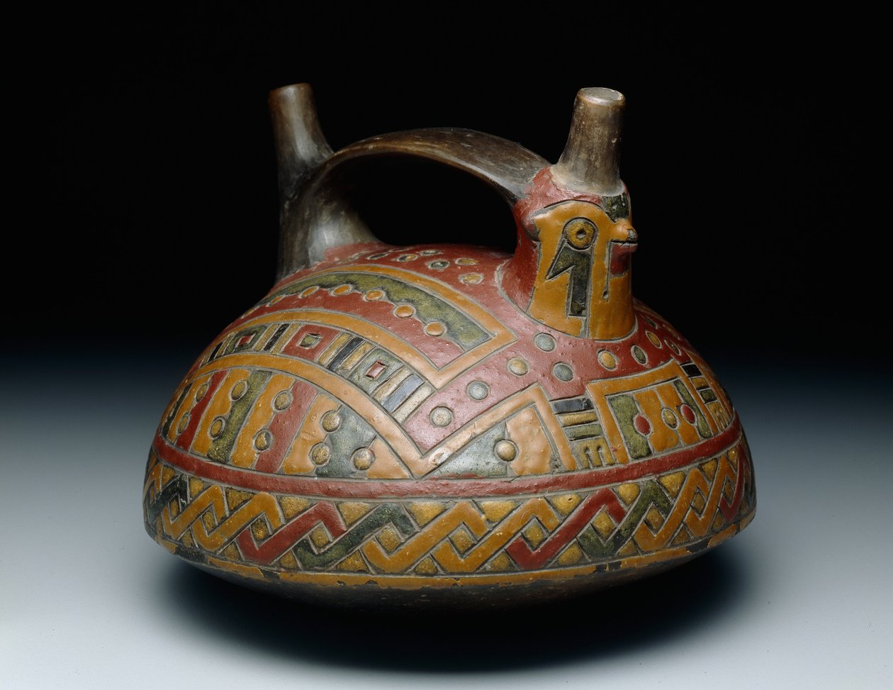 Dobbelt-tud rem-håndtag fartøj forestillende en falk, tidlig horisont, epoke 8, ca. 500-400 f.Kr. (keramik & harpiks-suspenderet maling) af Culture Paracas