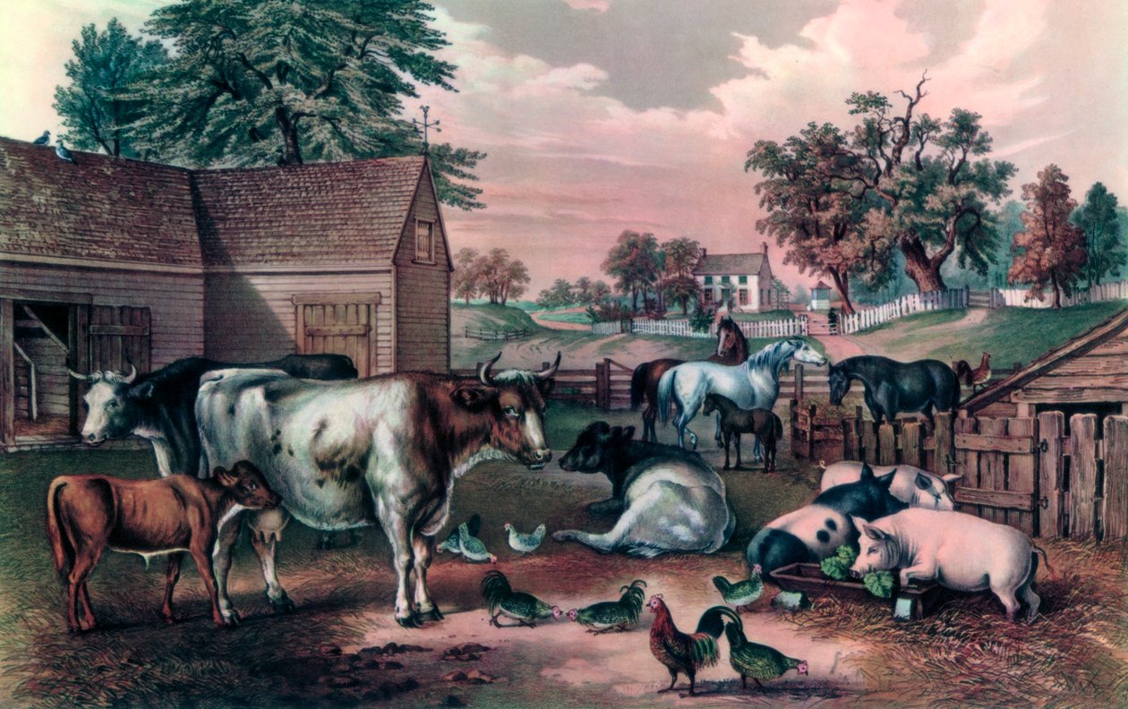 American Farm Yard om aftenen, 1857 af Currier and Ives