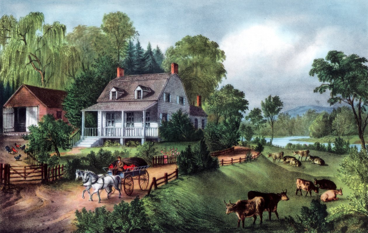 American Homestead om sommeren, 1868 af Currier and Ives