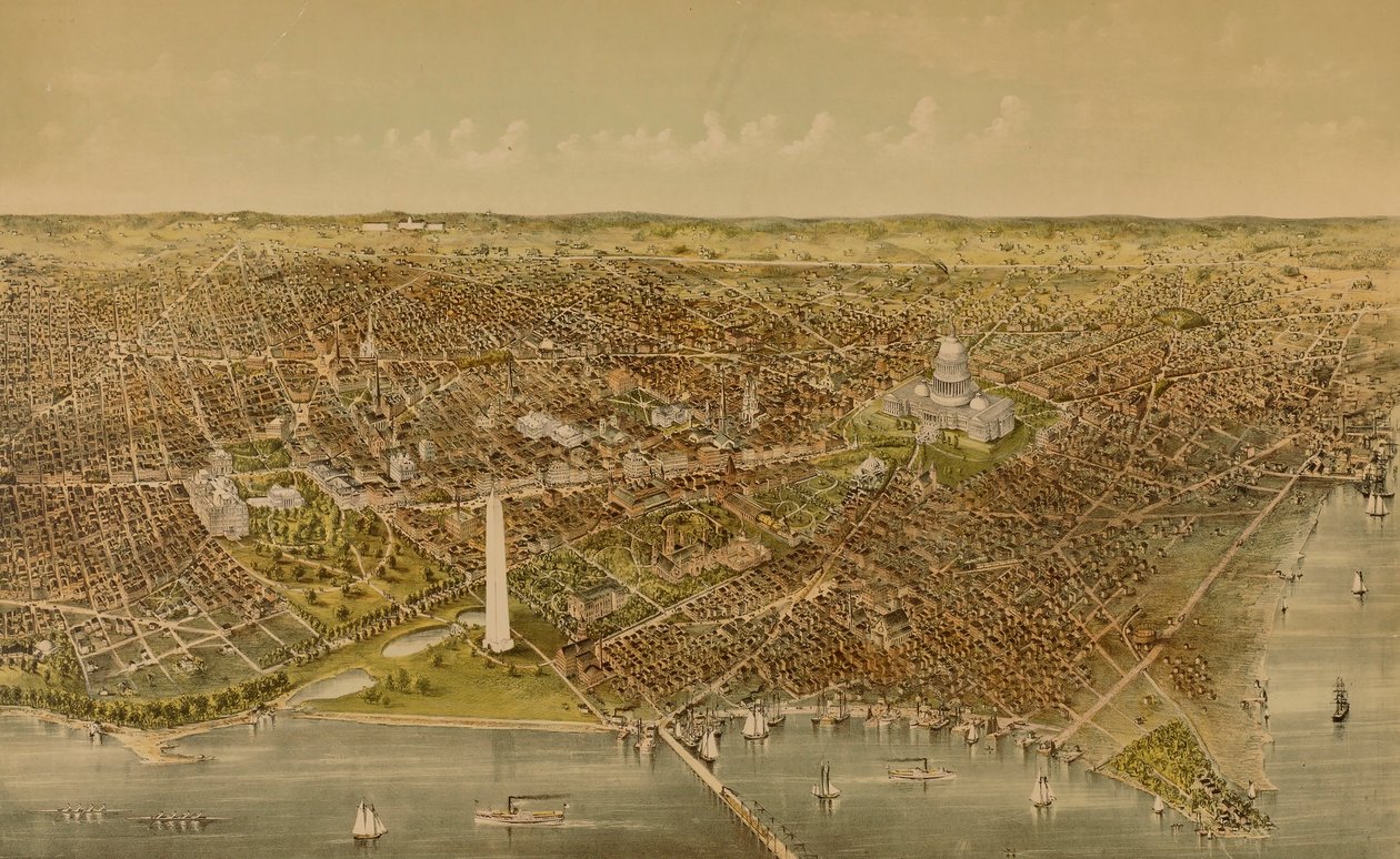 Byen Washington (fugleperspektiv fra Potomac set mod nord) af Currier and Ives