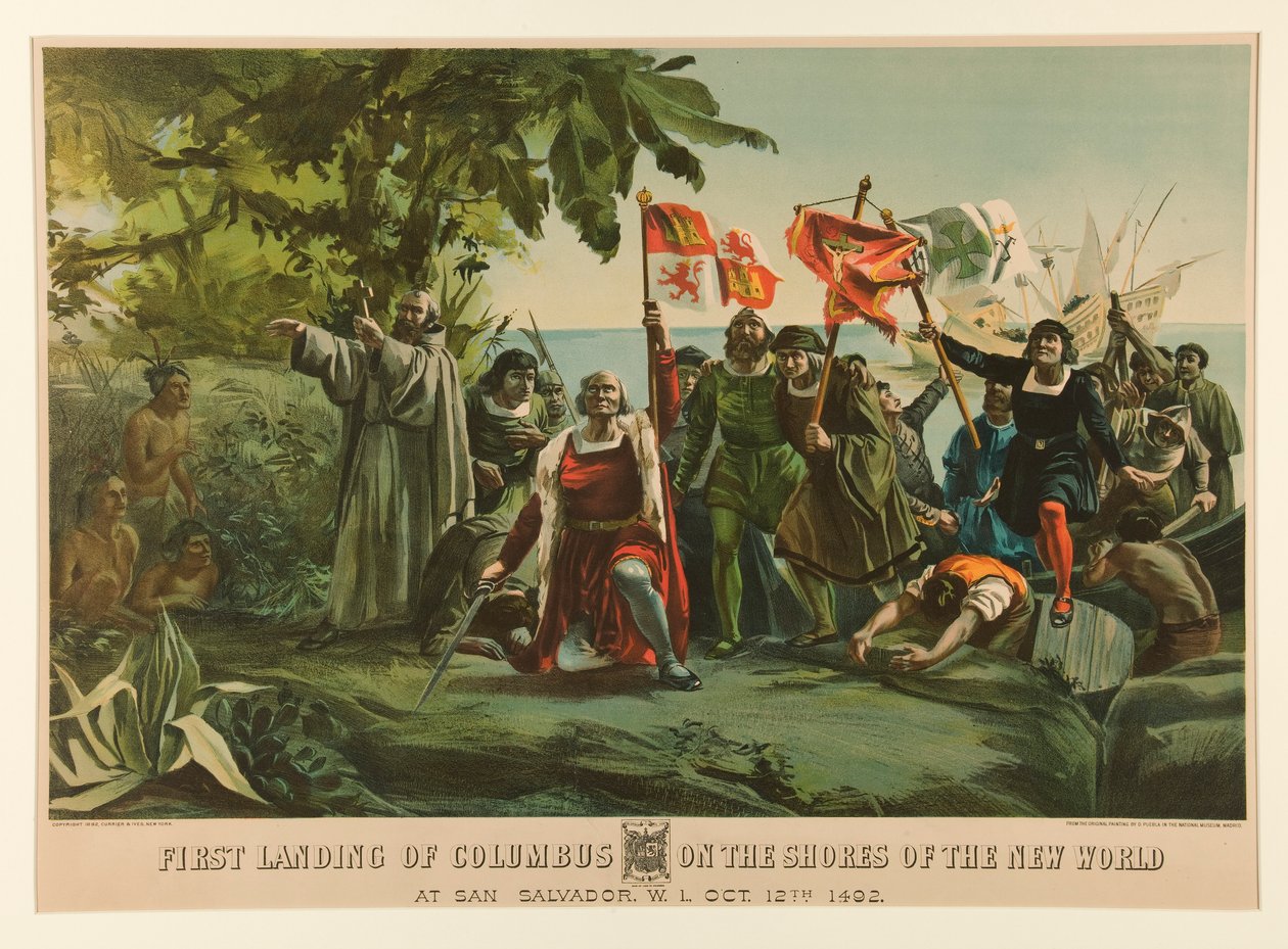Første landing af Columbus på kysterne af den nye verden af Currier and Ives