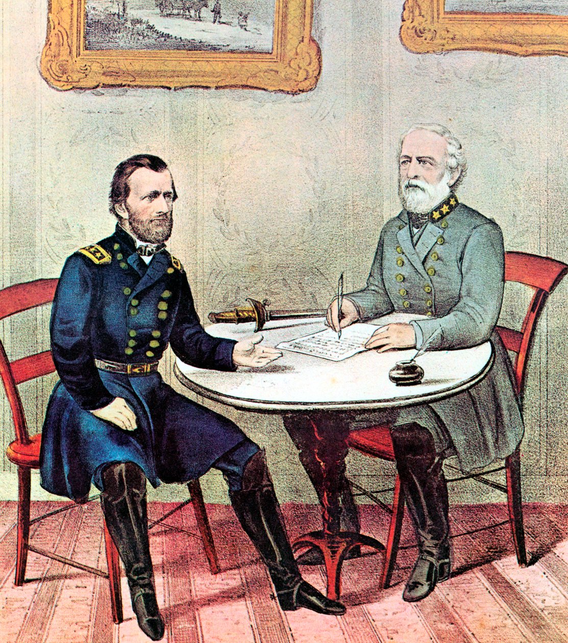 Møde mellem generalerne Grant venstre og Lee, amerikansk borgerkrig, 1865 af Currier and Ives