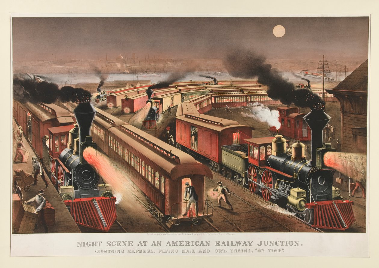 Natscene ved et amerikansk jernbanekryds af Currier and Ives