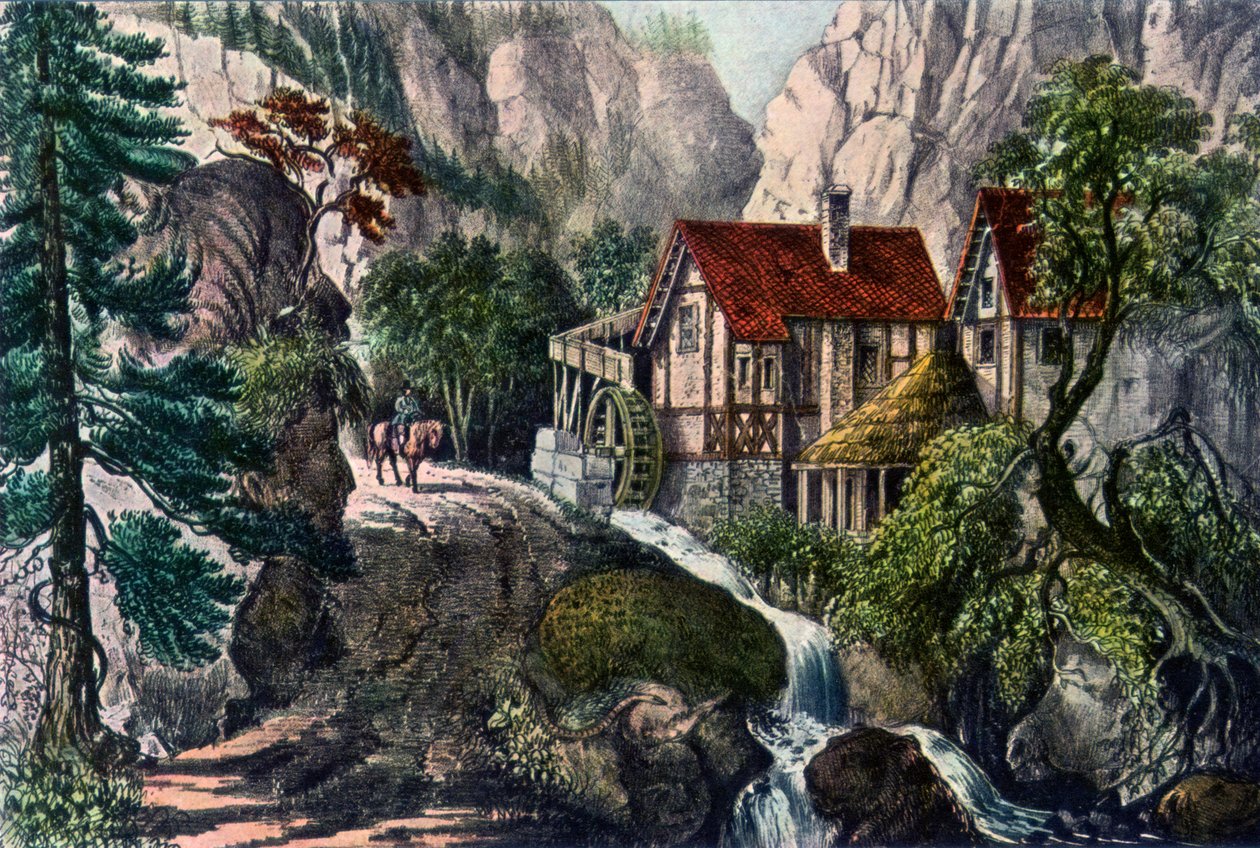 Gamle schweiziske mølle, 1872. af Currier and Ives