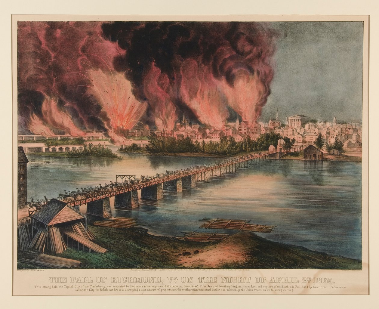 Faldet i Richmond, Virginia, natten den 2. april 1865 af Currier and Ives