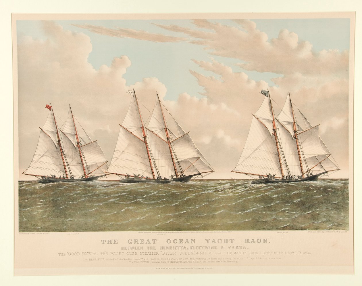 The Great Ocean Yacht Race mellem Henrietta, Fleetwing og Vesta af Currier and Ives