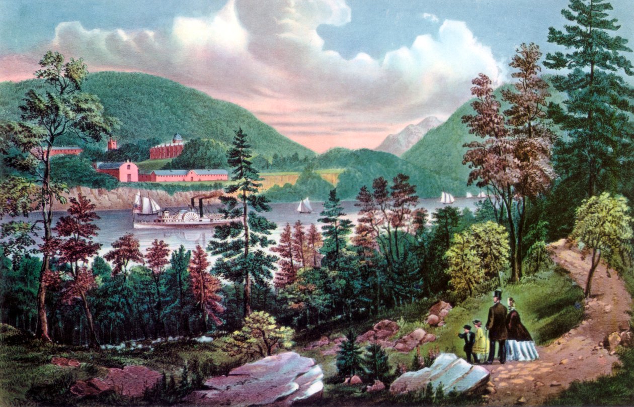 West Point, US Military Academy, fra den modsatte kyst, 1862. af Currier and Ives