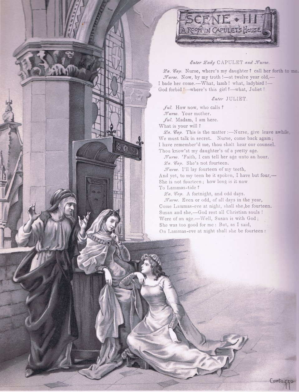 Et værelse i Capulets hus, illustration fra Romeo og Julie, af Curtazzo Curtazzo