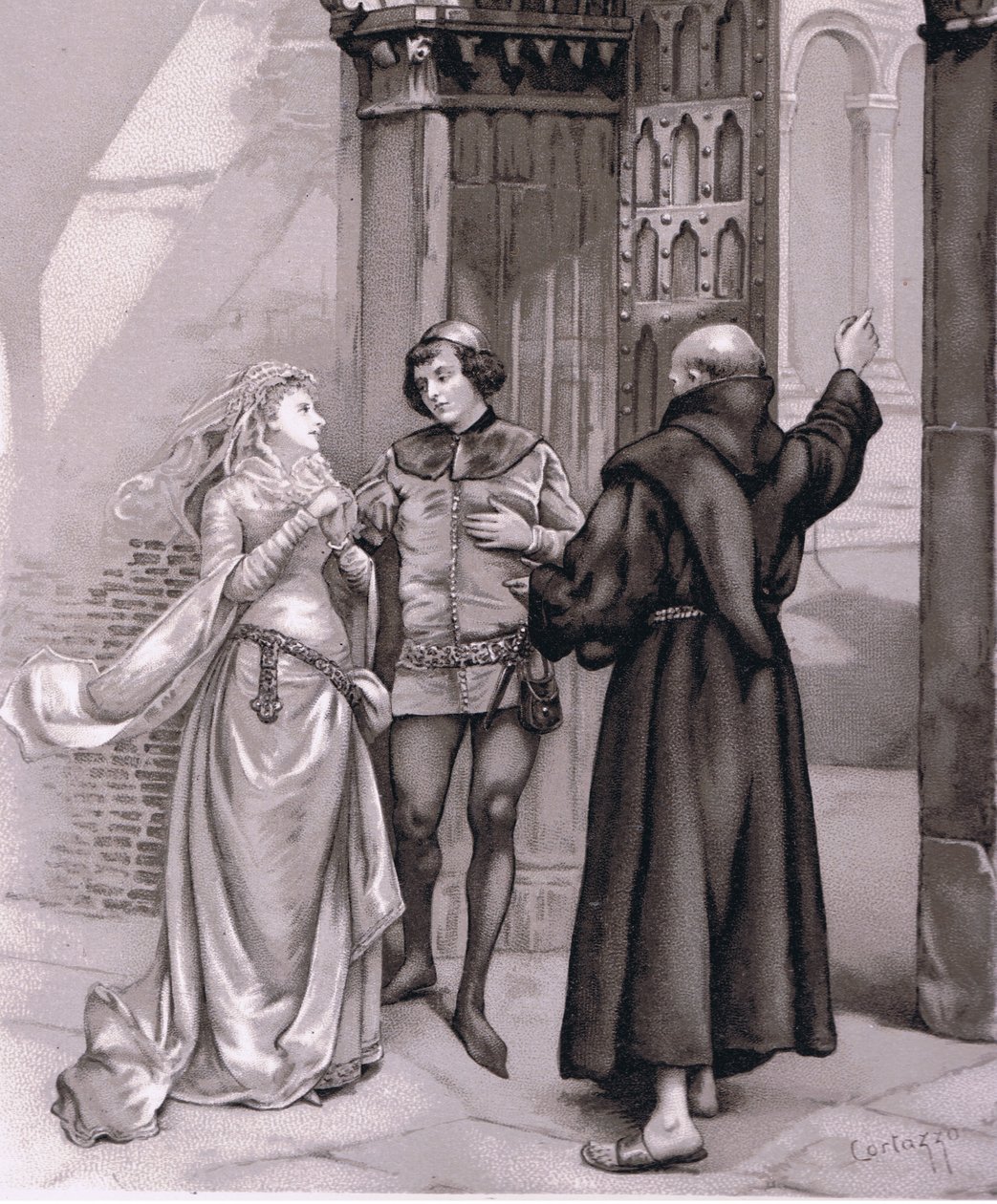 Indtast broder Laurence og Romeo, illustration fra Romeo og Julie, af Curtazzo Curtazzo