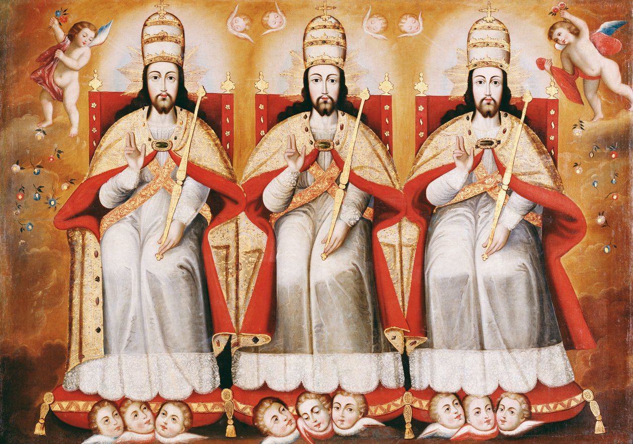 Den Enthroned Treenighed som tre identiske figurer af Cuzco School