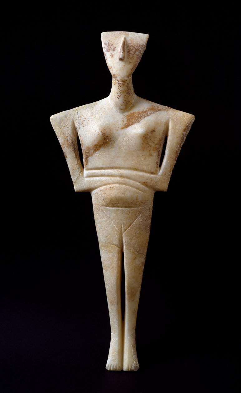 Art of Cyclades: "" kvindelig figur""" marmoridol fra Syros. 3000 f.Kr. Kykladisk civilisation (-3200 a -2000) søn. 46 cm Athenes, Nationalt Arkæologisk Museum - Kvindelig Idol, fra Syros - Marmorskulptur (H.46 cm), kykladisk kuvilisation, ca. 3000 f.Kr. - af Cycladic