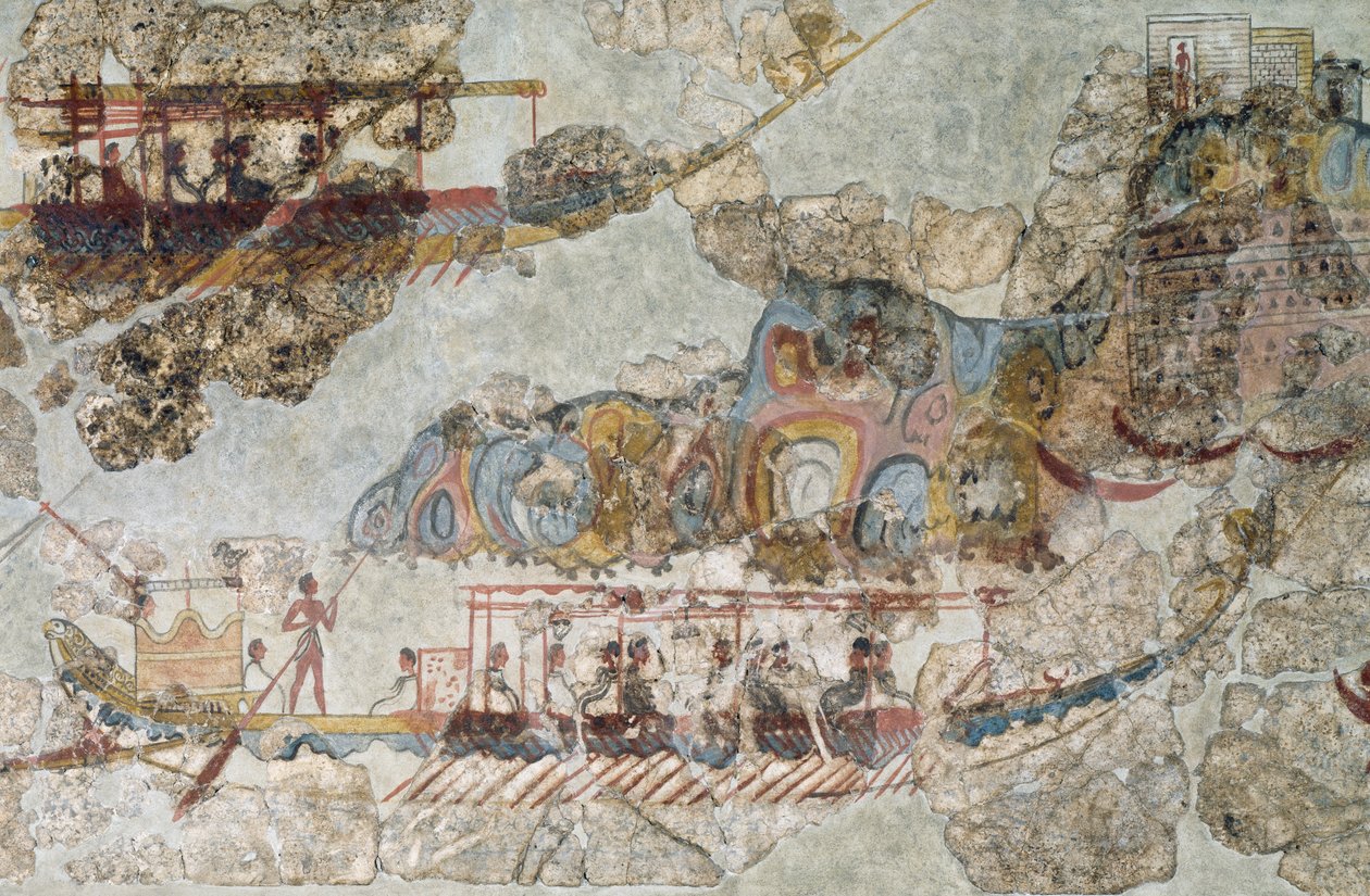 Flåde af skibe, freskomaleri fra Thera, Sydlige Kykladerne, Grækenland kykladisk civilisation, 3.-2. årtusinde f.Kr. af Cycladic Cycladic