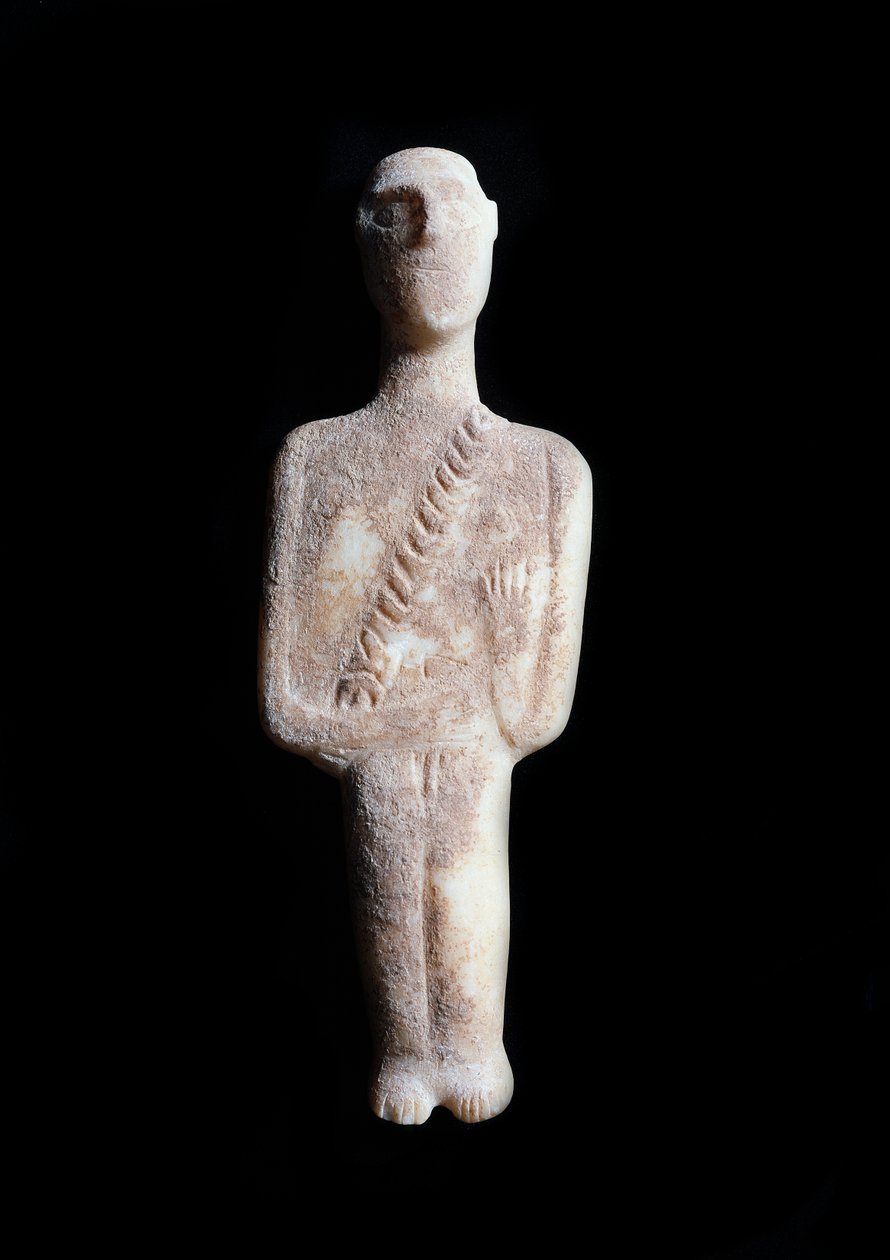 Mandlig idol, skematisk figur. Skulptur af hvid marmor med okker incrustationer, 3200-2000 f.Kr af Cycladic Cycladic