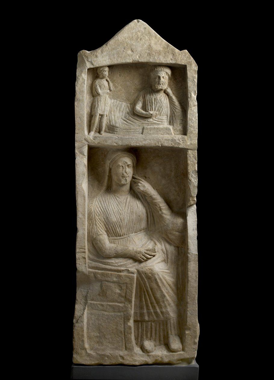 Kalkstensgravstele, relief af en skægget festmiddag med en dreng og en siddende kvinde, ca. 325-30 f.Kr. (kalksten) af Cypriot