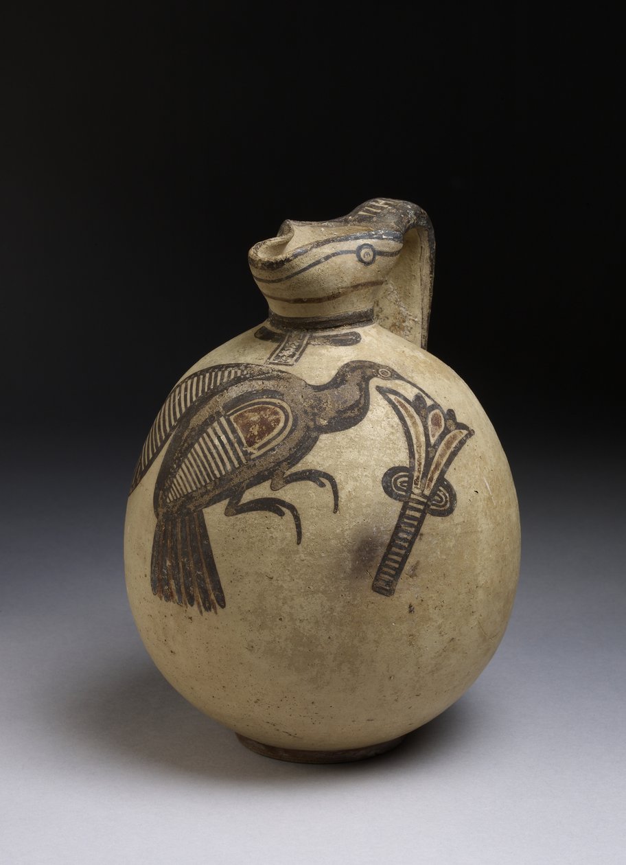 Squat bichrome kande i frit feltstil med billede af fugl, der plukker en lotusblomst, cypro-arkaisk periode, ca. 750-480 f.Kr. (keramik) af Cypriot