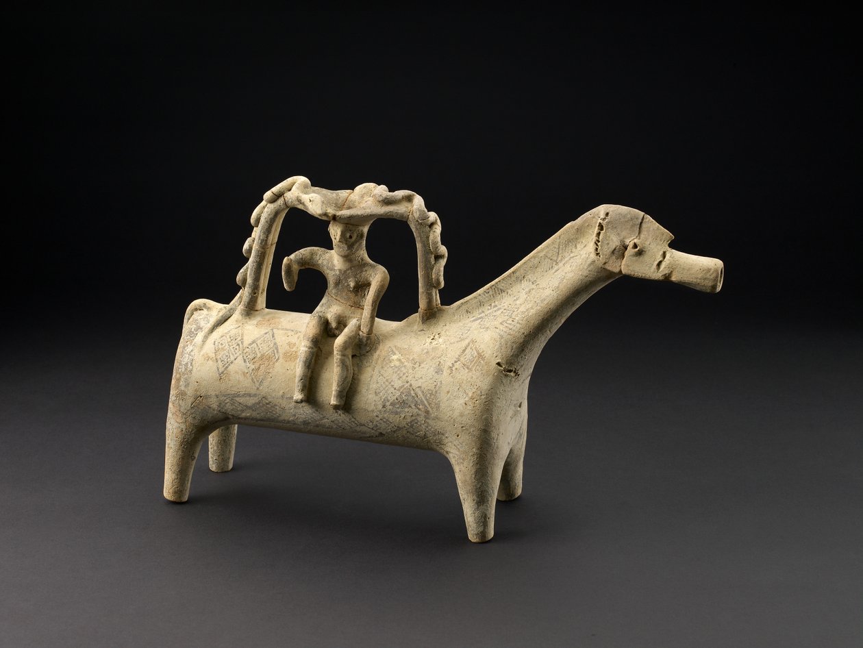 Terracotta hesterhyton med rytter som en del af håndtaget på ryggen, sencypriotisk IIIB periode, ca. 1125-1050 f.Kr. (keramik) af Cypriot