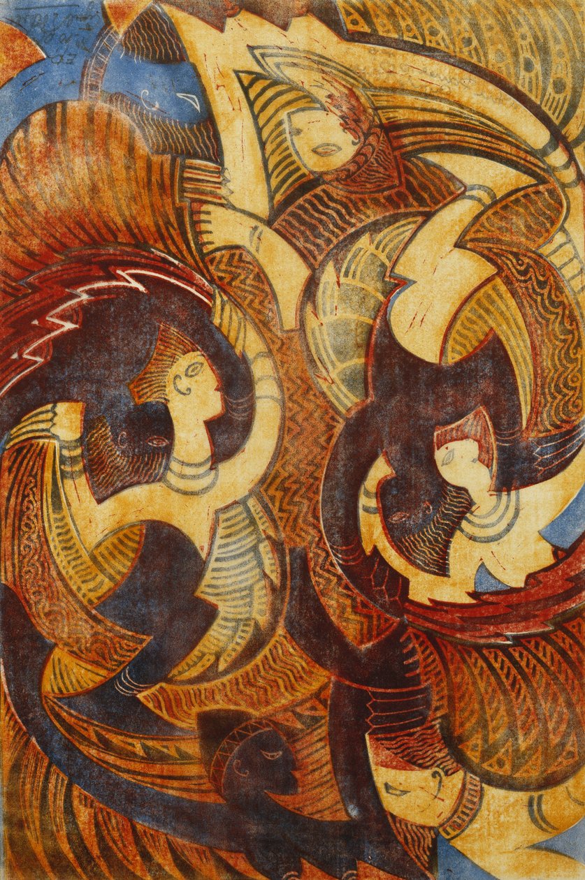 Ilddans, ca. 1931 (linosnit trykt i farver på tyndt Japan) af Cyril Edward Power