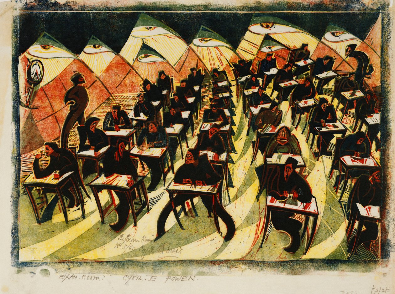 Eksamenslokalet, ca. 1934 (linosnit trykt i farver på tyndt Japan) af Cyril Edward Power