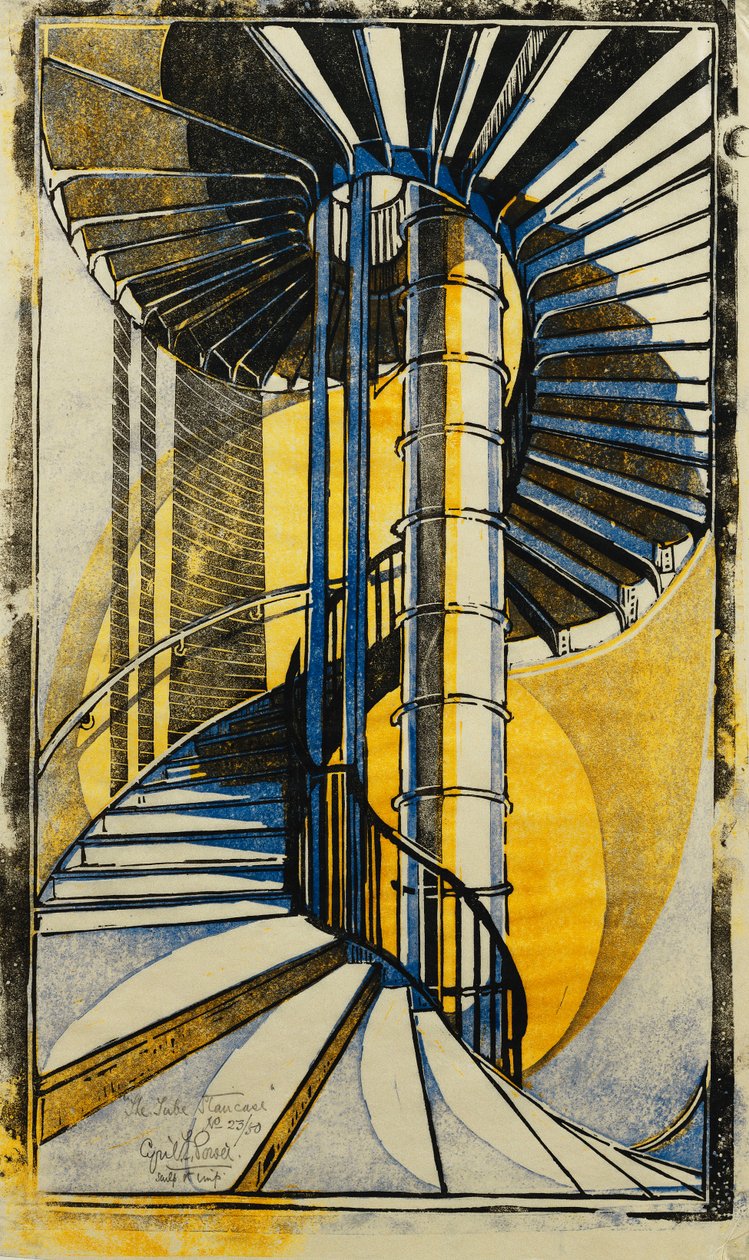 The Tube Staircase, ca. 1930 (linosnit trykt i farver på væv Japan) af Cyril Edward Power