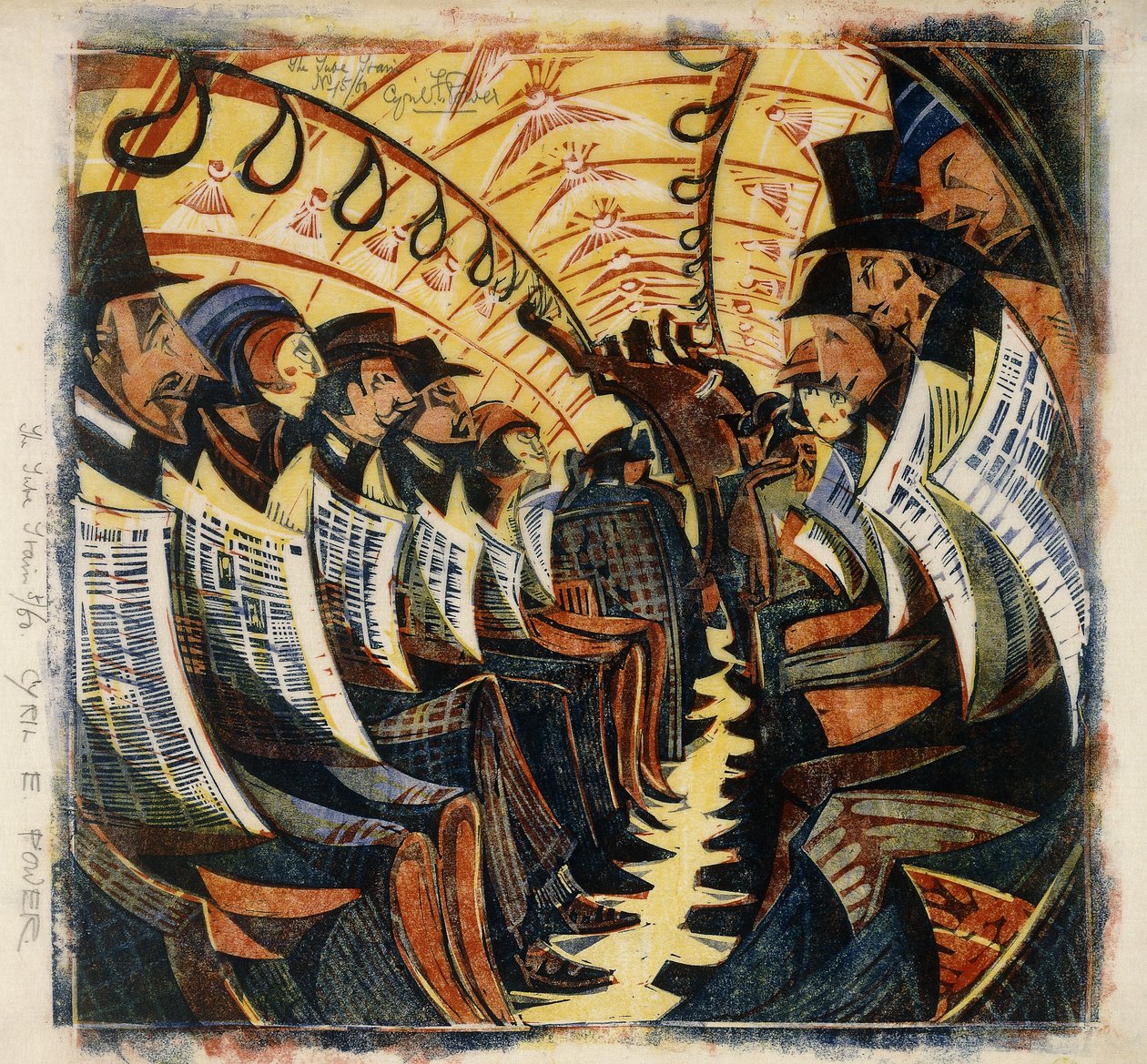 The Tube Train, ca. 1930 (linosnit trykt i farver på tissue japan) af Cyril Edward Power