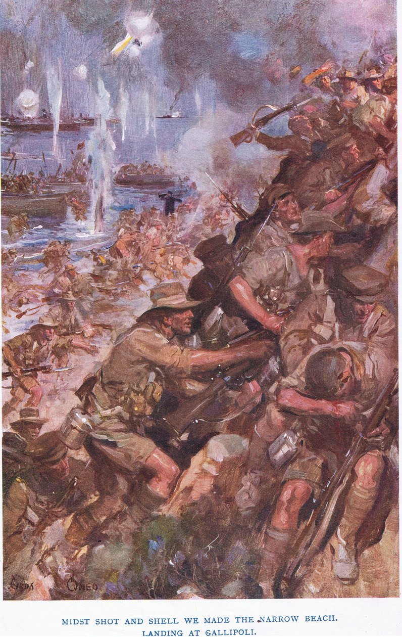 Lander ved Gallipoli. Midt i skud og skal lavede vi den smalle strand af Cyrus Cuneo