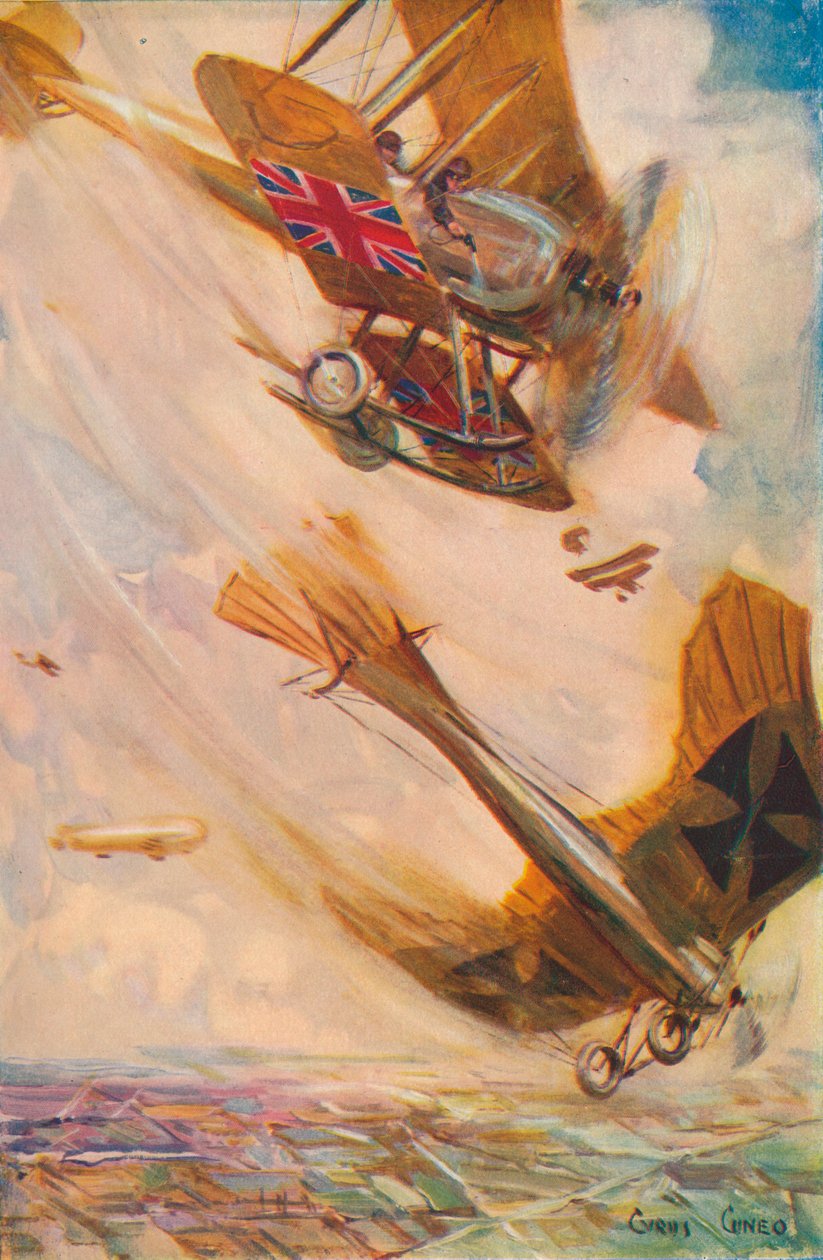 En britisk biplan bringer en tysk Taube ned, c1916 1928 af Cyrus Cuneo