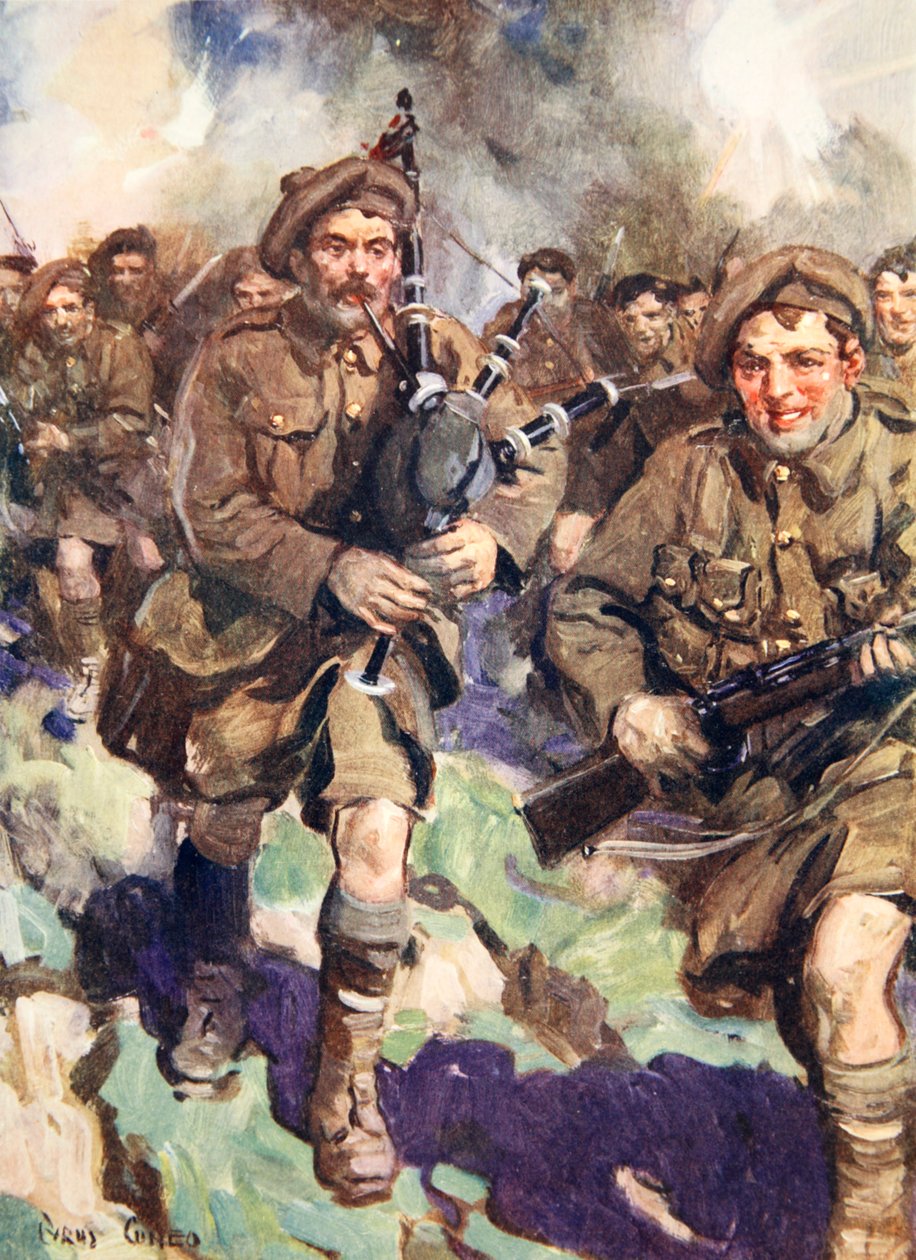 Galant piper, der leder ladningen (farve litho) af Cyrus Cuneo