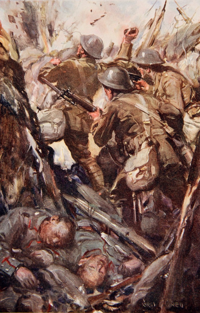"De bombede og bajonetterede sig vej op gennem den fjendtlige skyttegrav", illustration fra "Told in the Huts: The YMCA Gift Book", udgivet i 1916 af Cyrus Cuneo