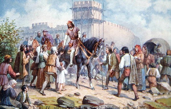 Charles IV hilste på almindelige mennesker under hans udvidelse af Prags befæstninger i 1361, postkort fra begyndelsen af det tyvende århundrede (farve litho) af Czech School