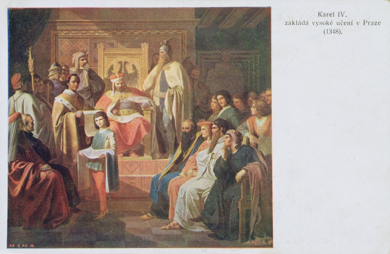 Grundlæggelse af det tyske universitet i Prag af Charles IV i 1348, postkort fra begyndelsen af det tyvende århundrede af Czech School
