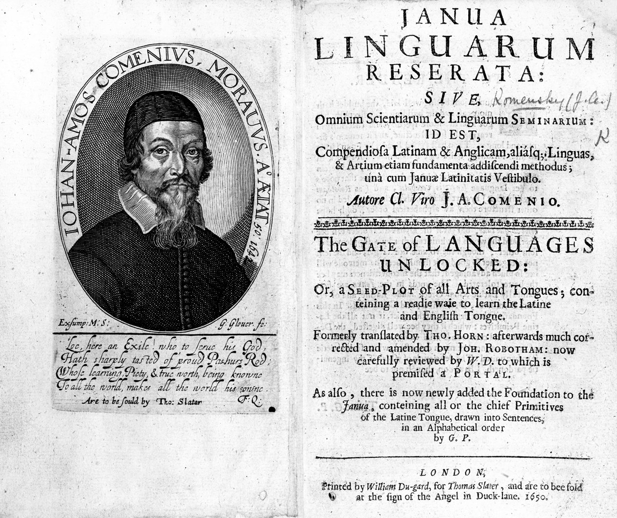 Frontispice og titelblad til Janua Linguarum Reserata med et portræt af Jan Amos Komensky, indgraveret af George Glover, 1650 af Czech School