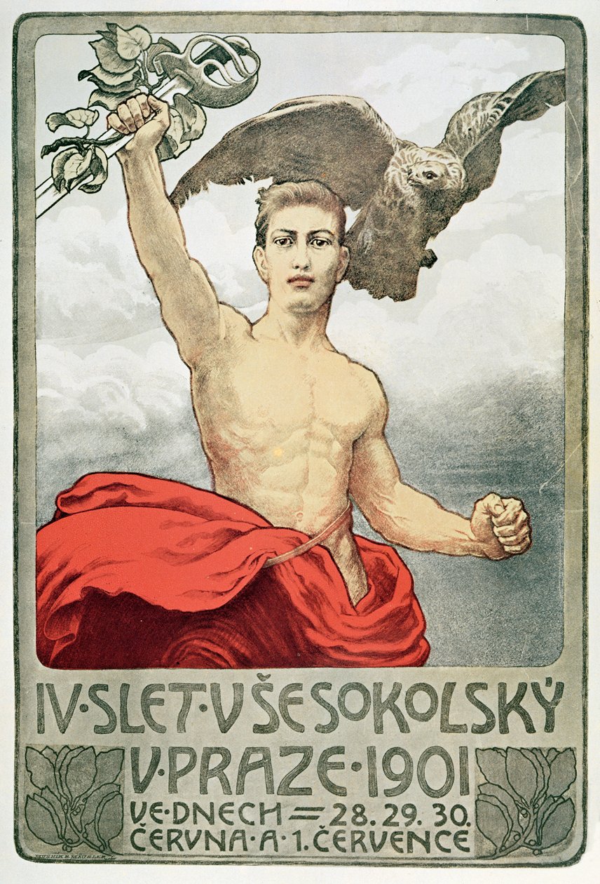 Plakat, der reklamerer for den 4. forsamling i Sokols i Prag i 1901 af Czech School