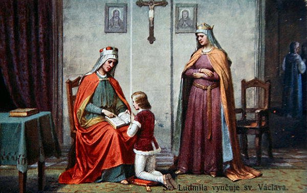 The Education of Saint Wenceslaus af hans bedstemor Ludmilla, postkort fra begyndelsen af det tyvende århundrede (farve litho) af Czech School