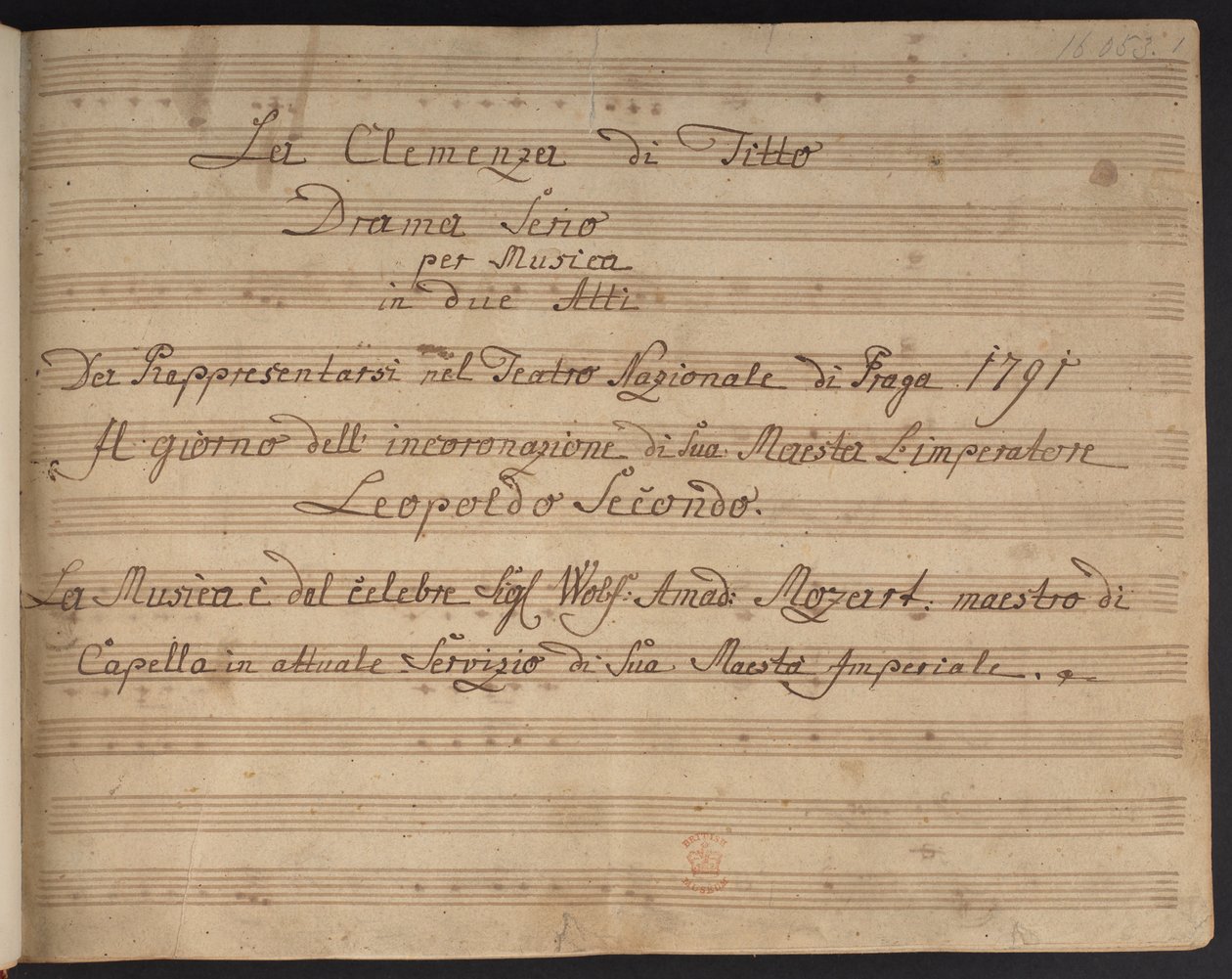Partiturets titelside La Clemenza di Tito af Czech School
