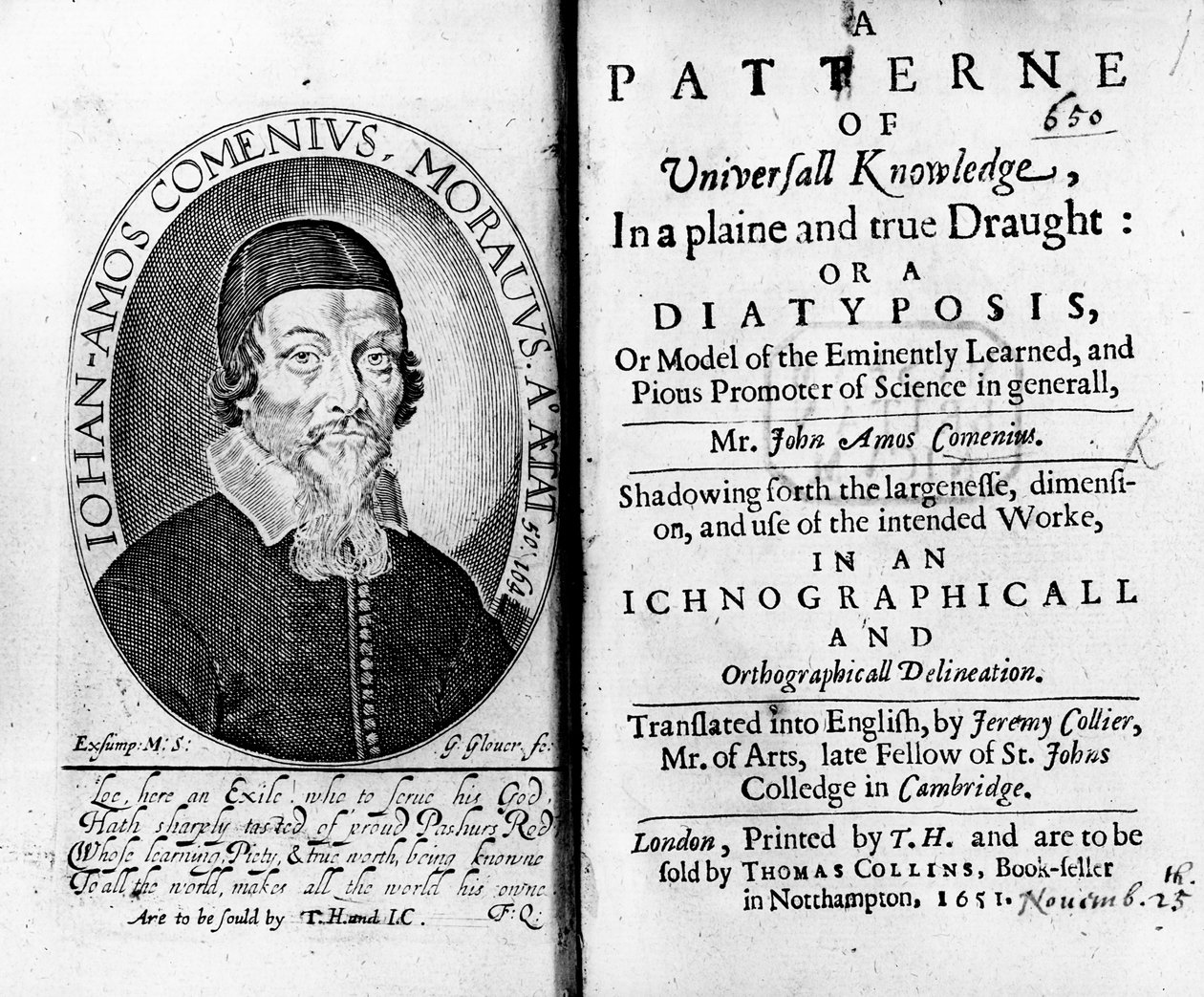 Titelblad og frontispice til A Pattern of Universal Knowledge, inklusive et portræt af Jan Amos Komensky, indgraveret af George Glover, 1651 af Czech School