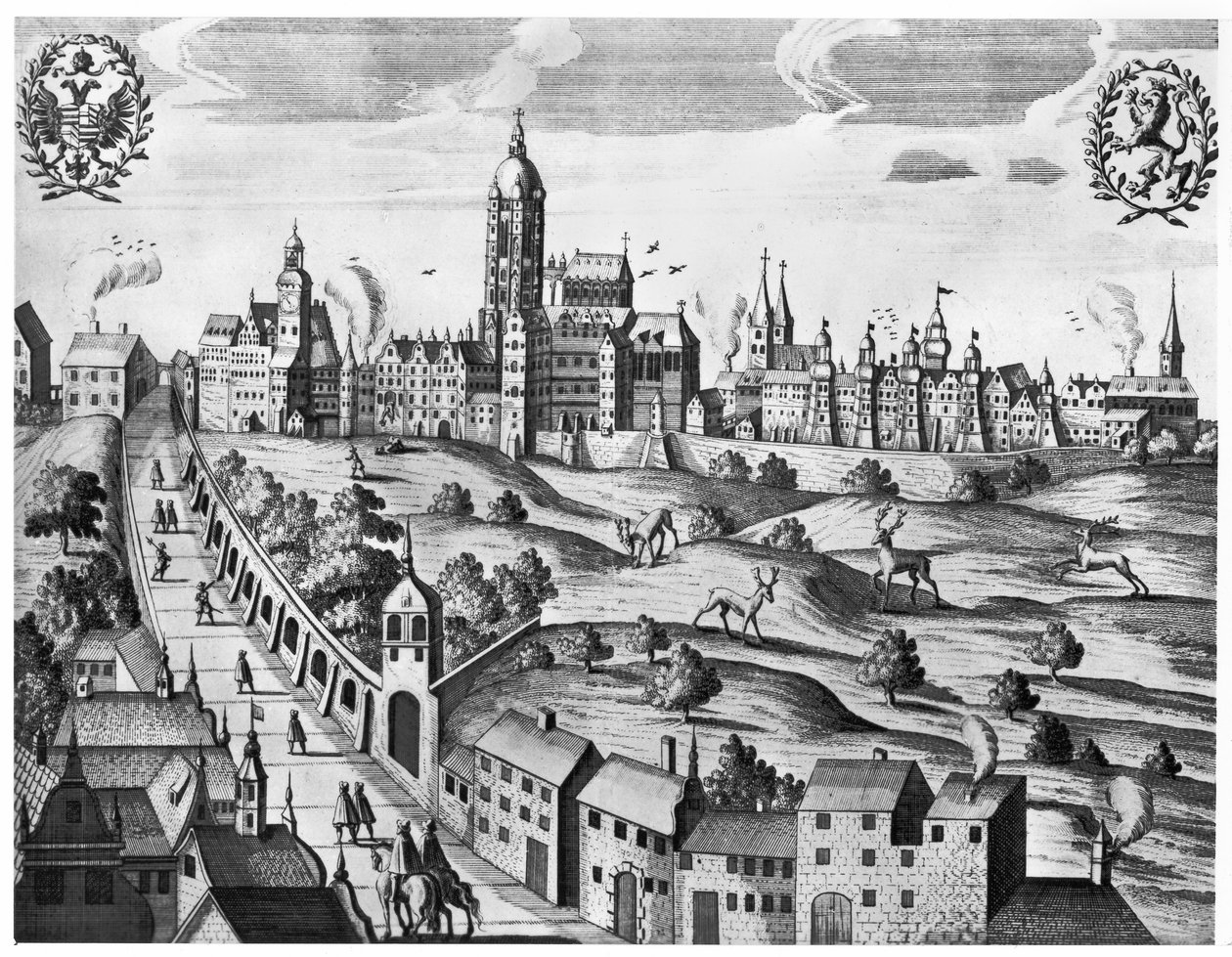 Udsigt over Prag, der viser det kejserlige palads og teologikollegiet, c.1618 af Czech School