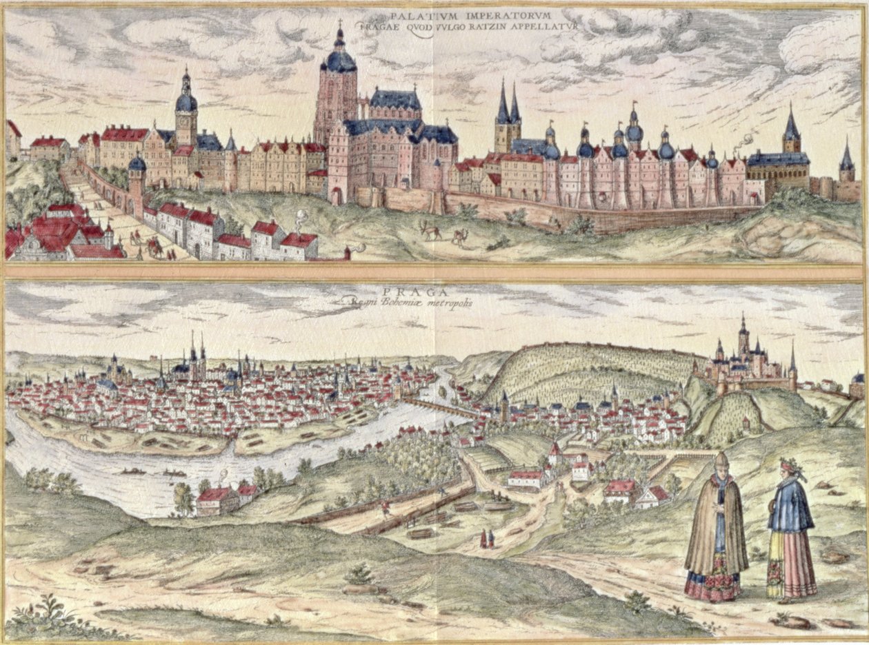 Udsigt over Prag, der viser (ovenfor) det kejserlige palads (Hradschin) og (under) Vltava-floden, der adskiller de gamle og moderne dele af byen (gravering) af Czech School