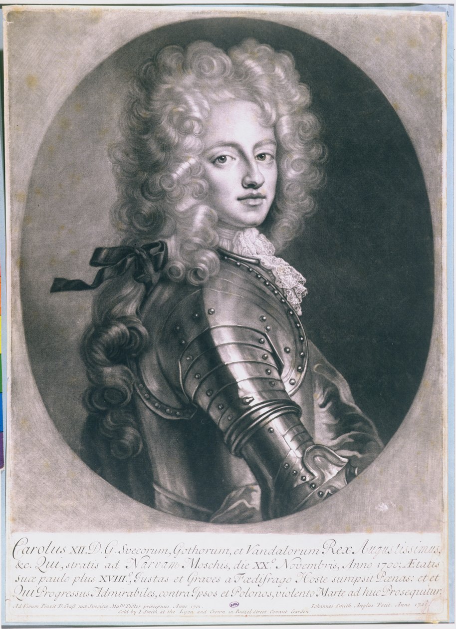 Kong Karl XII (1682-1718) af Sverige, graveret af John Smith, 1701 af D. Craft